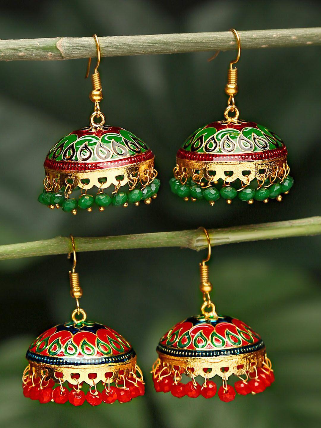 yellow chimes set of 2 red & green dome shaped jhumkas earrings