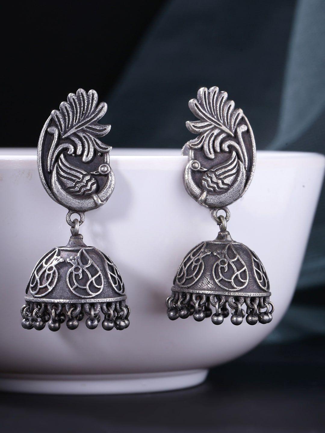 yellow chimes silver-plated peacock shaped jhumkas