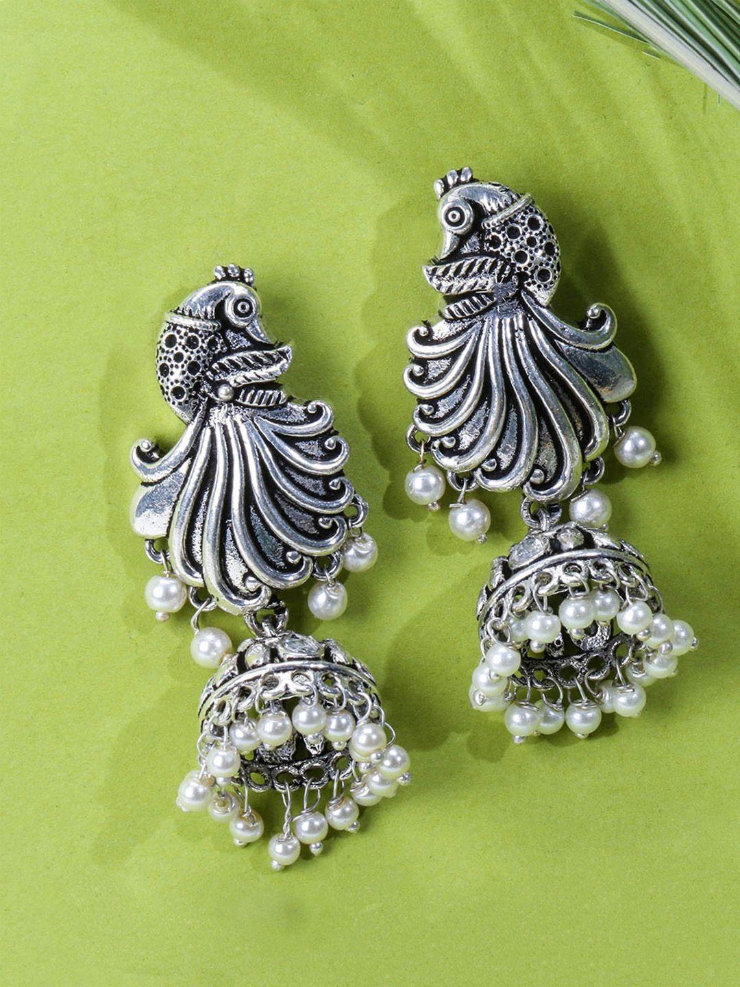 yellow chimes silver-toned & white silver plated peacock shaped jhumkas