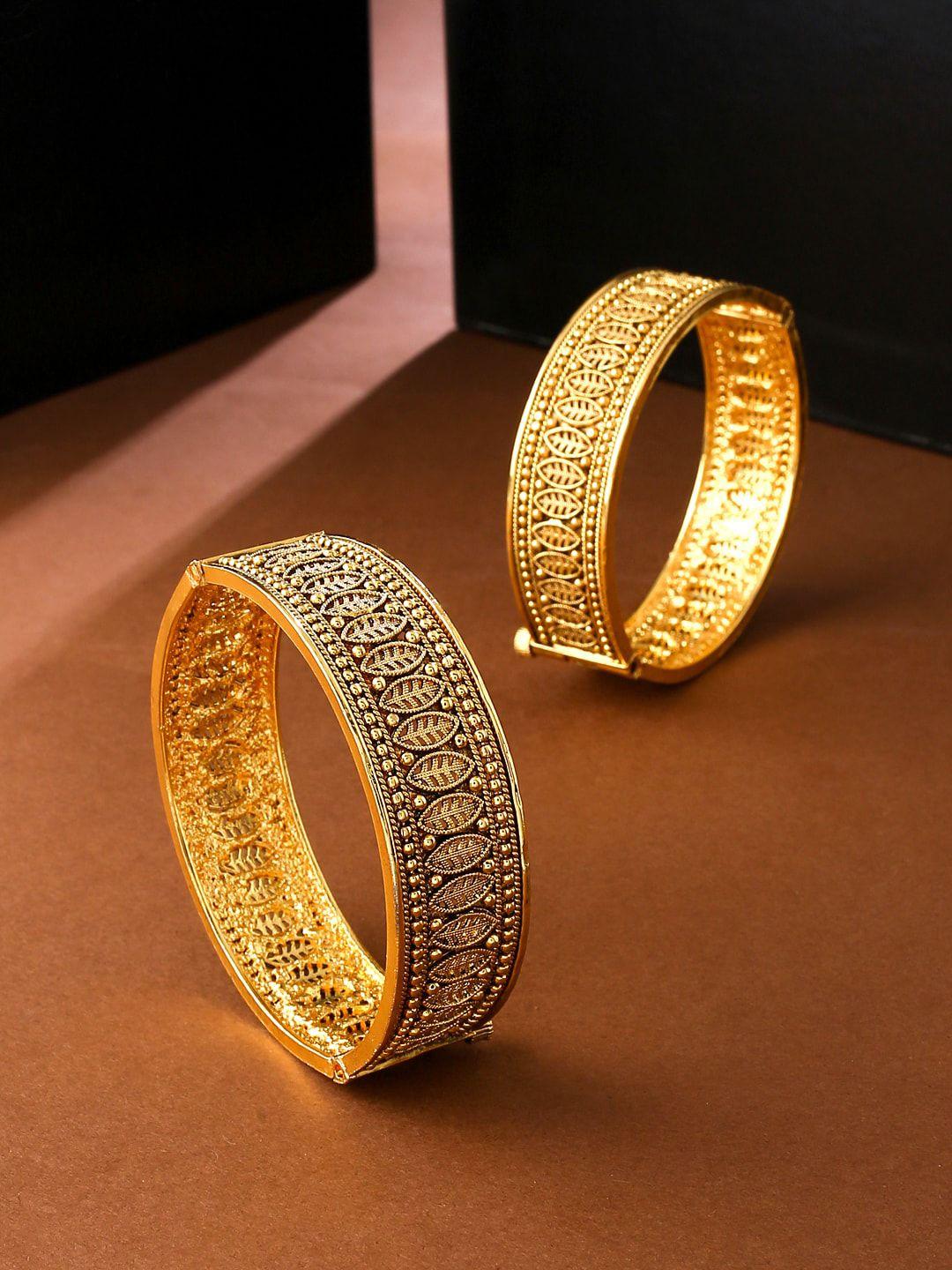 yellow chimes woman set of 2 gold-plated leaf design stone-studded details bangles