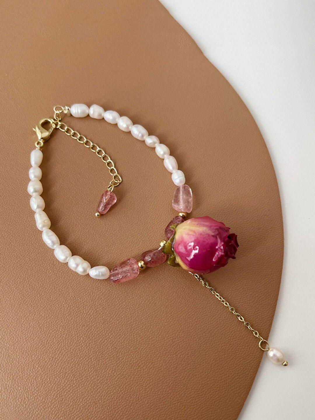 yellow chimes women gold tone pearl beaded  pink rose charm hanging adjustable bracelet