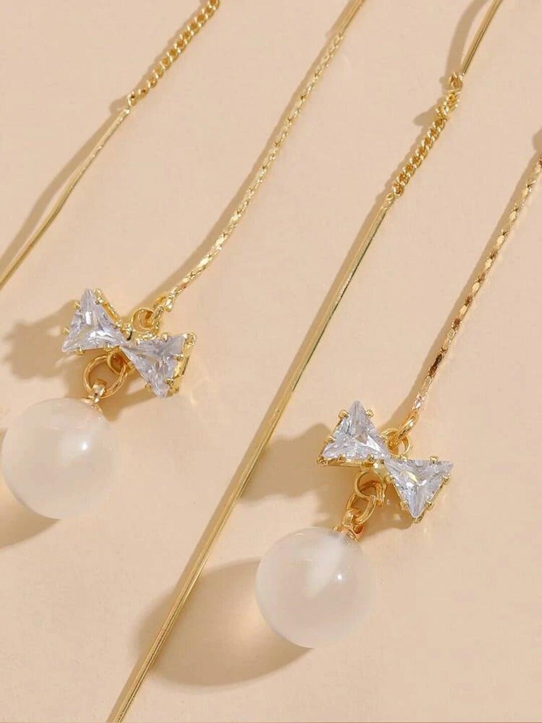 yellow chimes women gold-toned long chain tassel bow knot shape pearl drop earrings