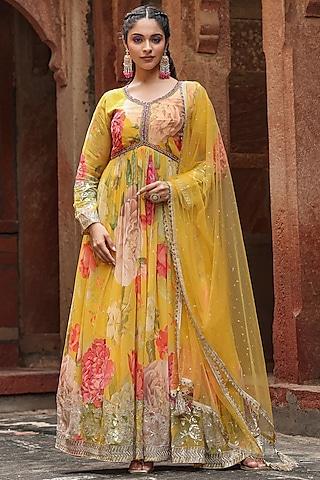 yellow chinon silk floral printed & sequins embellished kurta set