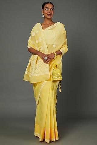 yellow cotton chikankari embroidered lucknowi saree set