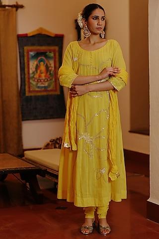 yellow cotton embroidered kalidar kurta set