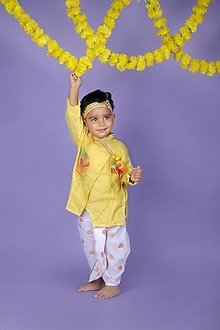 yellow cotton embroidered kurta set for boys