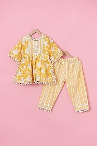 yellow cotton floral printed kurta set for girls