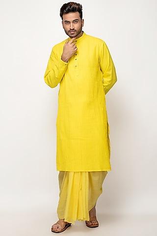 yellow cotton khadi pleated long kurta