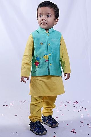 yellow cotton kurta set with bundi jacket for boys