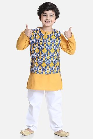 yellow cotton kurta set with nehru jacket for boys