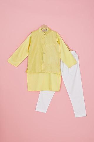 yellow cotton lurex nehru jacket set for boys