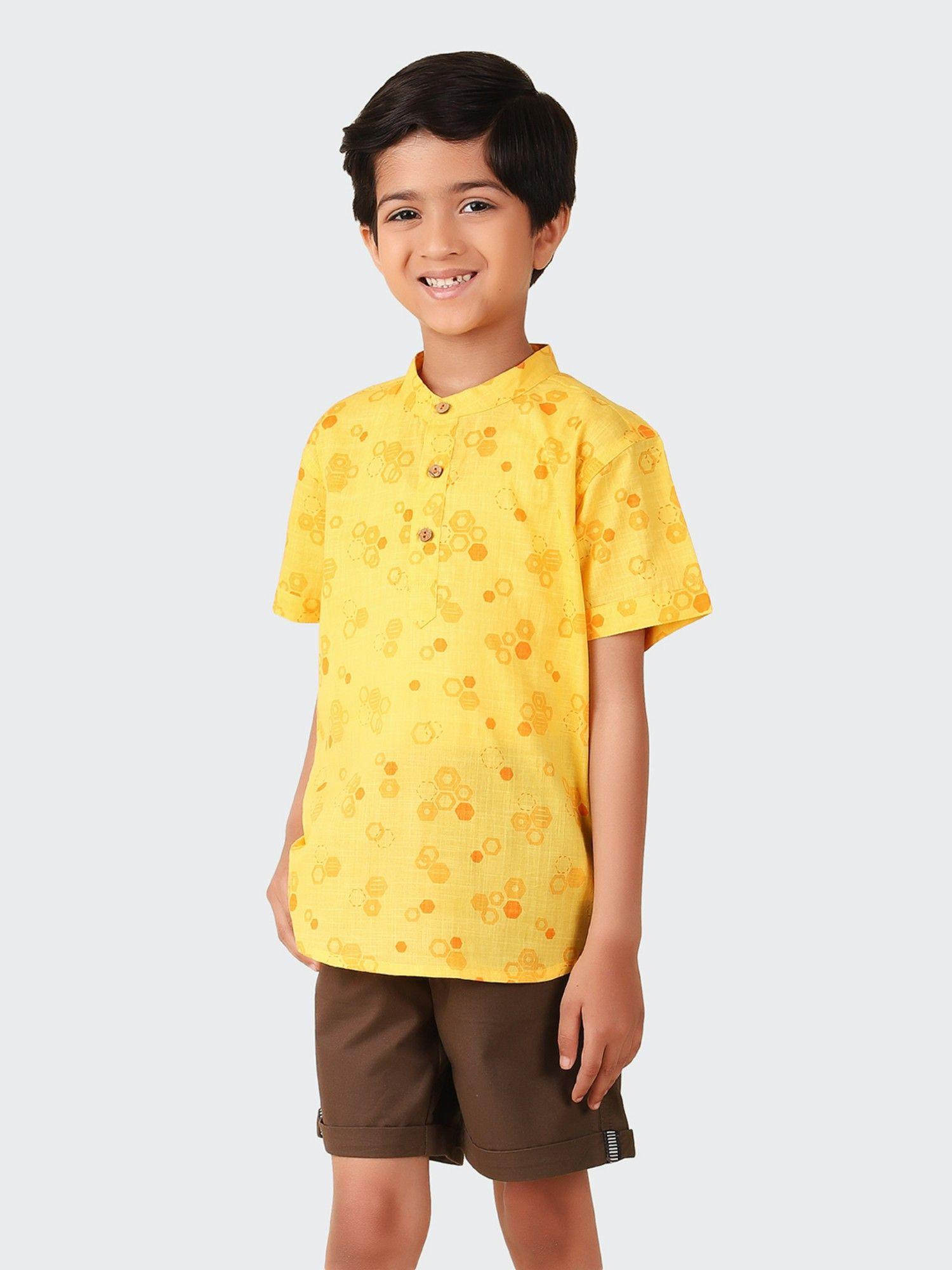 yellow cotton printed short kurta