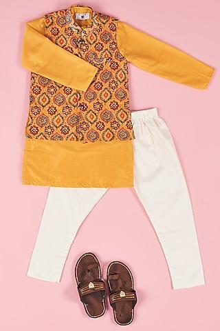 yellow cotton silk kurta set with printed nehru jacket for boys