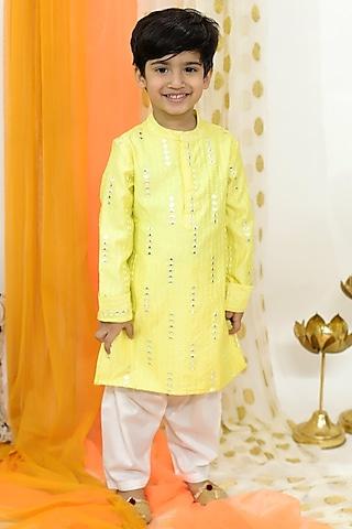 yellow cotton silk mirror embroidered kurta set for boys