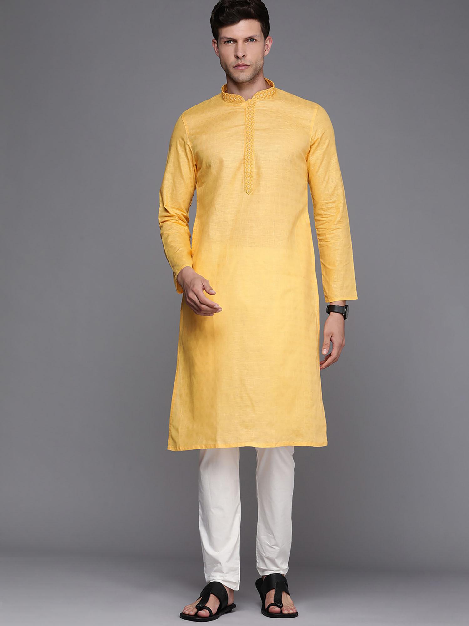 yellow cotton solid kurta pencil pyjama set (set of 2)