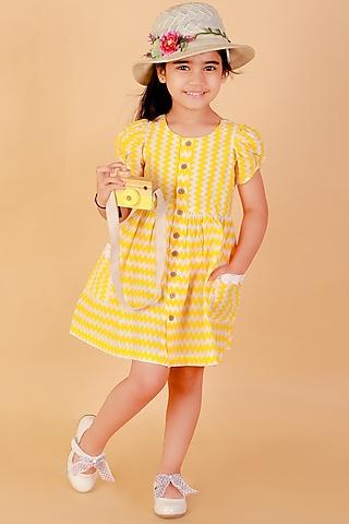 yellow cotton striped printed dress for girls