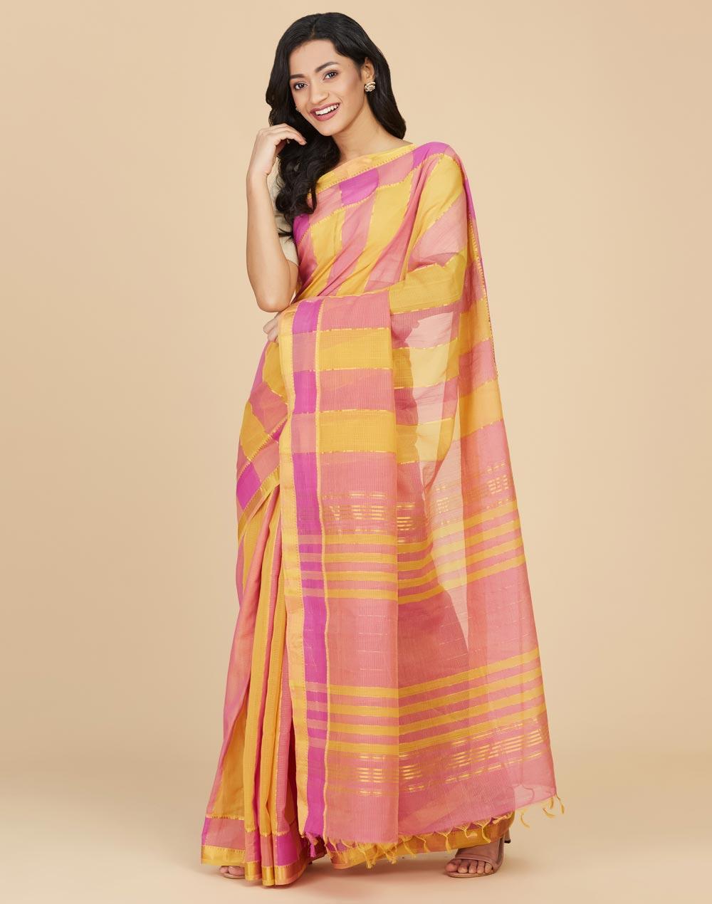 yellow cotton striped sari
