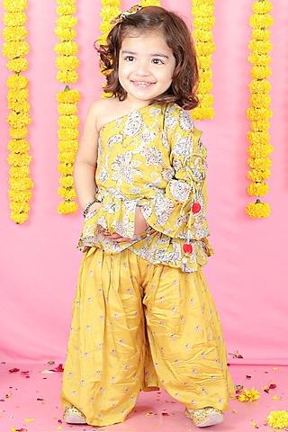 yellow dola silk peplum kurta set for girls