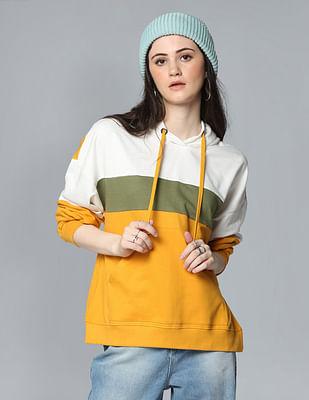 yellow drawstring hood colour blocked sweatshirt