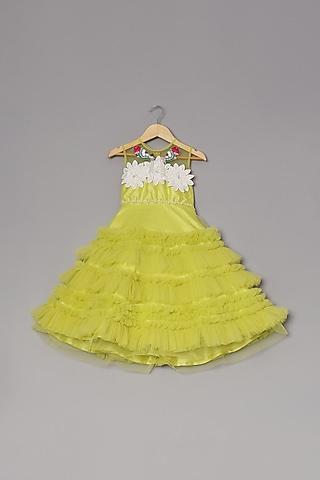 yellow dupion silk & net embroidered ruffled dress for girls