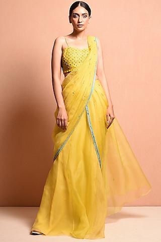 yellow embellished saree gown set