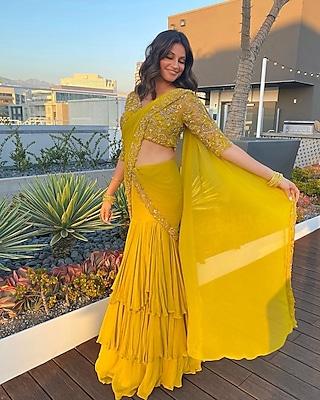 yellow embellished saree set