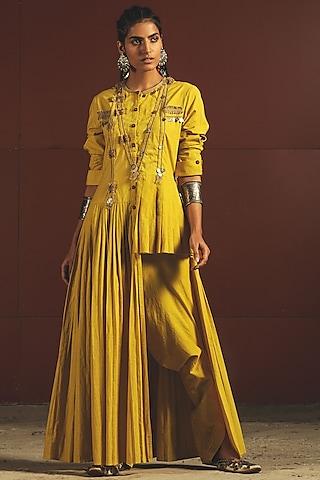 yellow embroidered & pleated tunic with pants