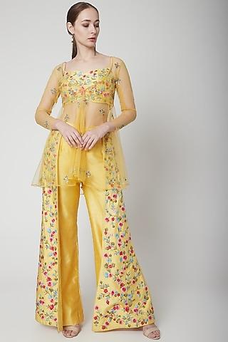 yellow embroidered blouse with pants & cape