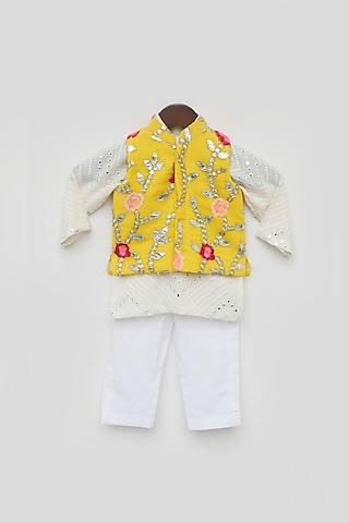 yellow embroidered bundi jacket with kurta set for boys