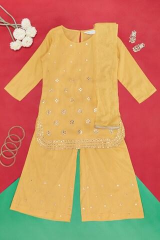 yellow embroidered calf-length  ethnic girls regular fit  churidar kurta dupatta set