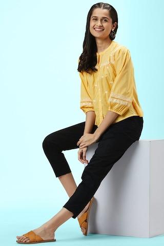 yellow embroidered casual puff sleeves round neck women comfort fit top