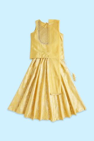 yellow embroidered ethnic round neck sleeveless ankle-length girls regular fit kurta skirt dupatta set