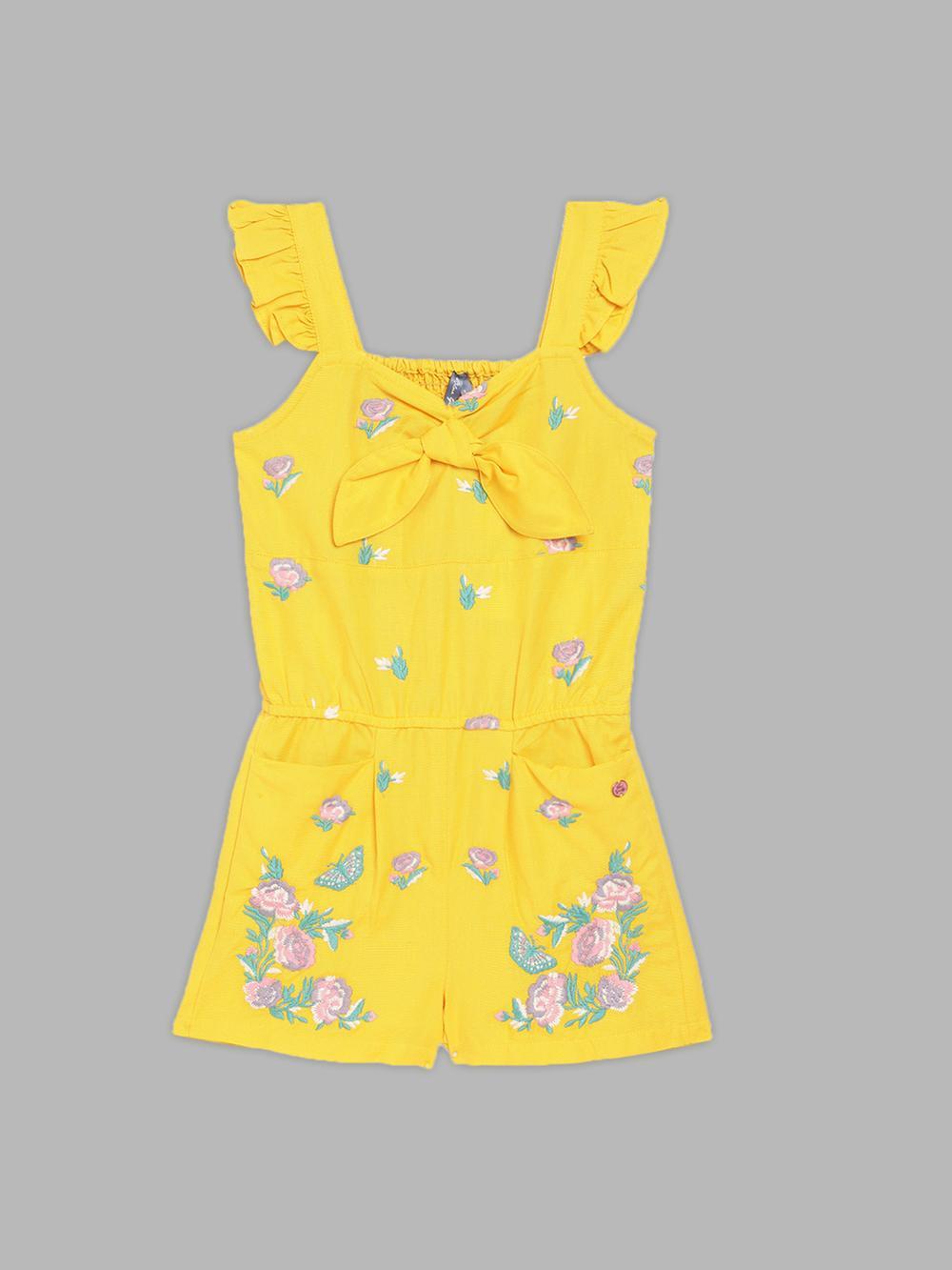 yellow embroidered fit and flare playsuit