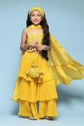 yellow embroidered full length ethnic girls straight fit kurta sharara set