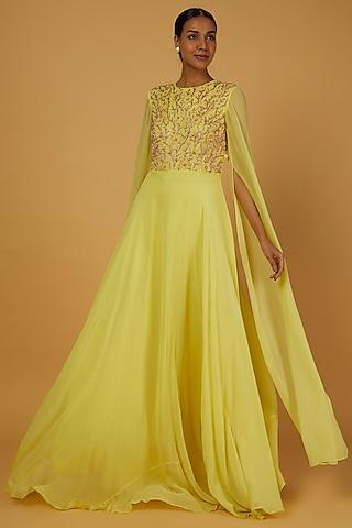 yellow embroidered gown