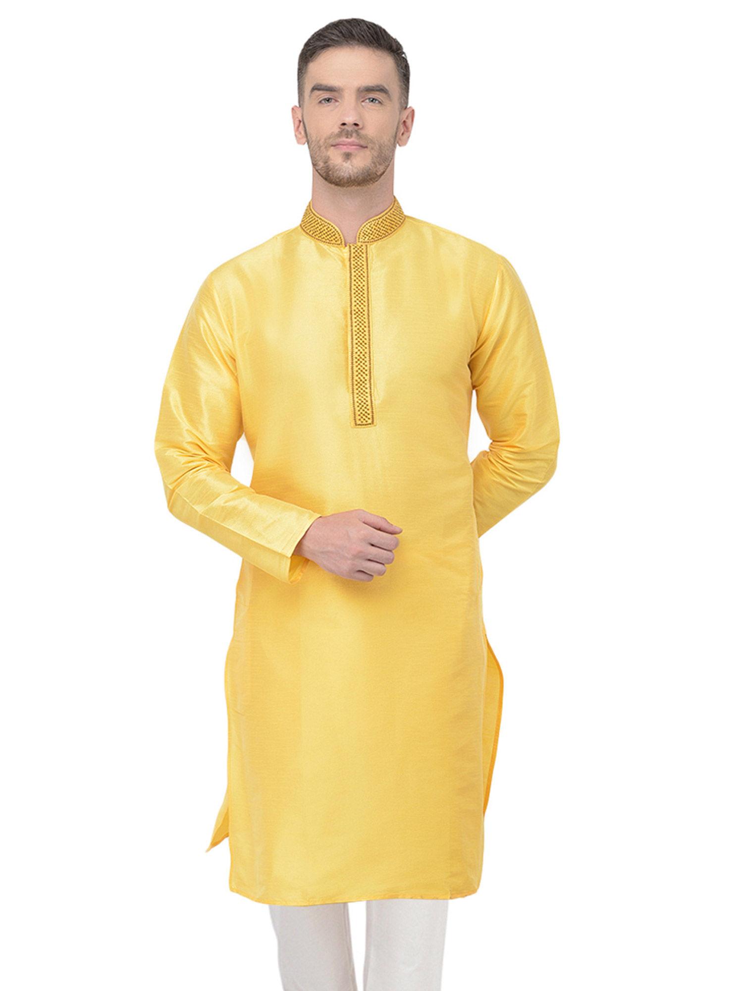 yellow embroidered kurta for men