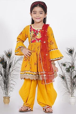 yellow embroidered kurta set for girls