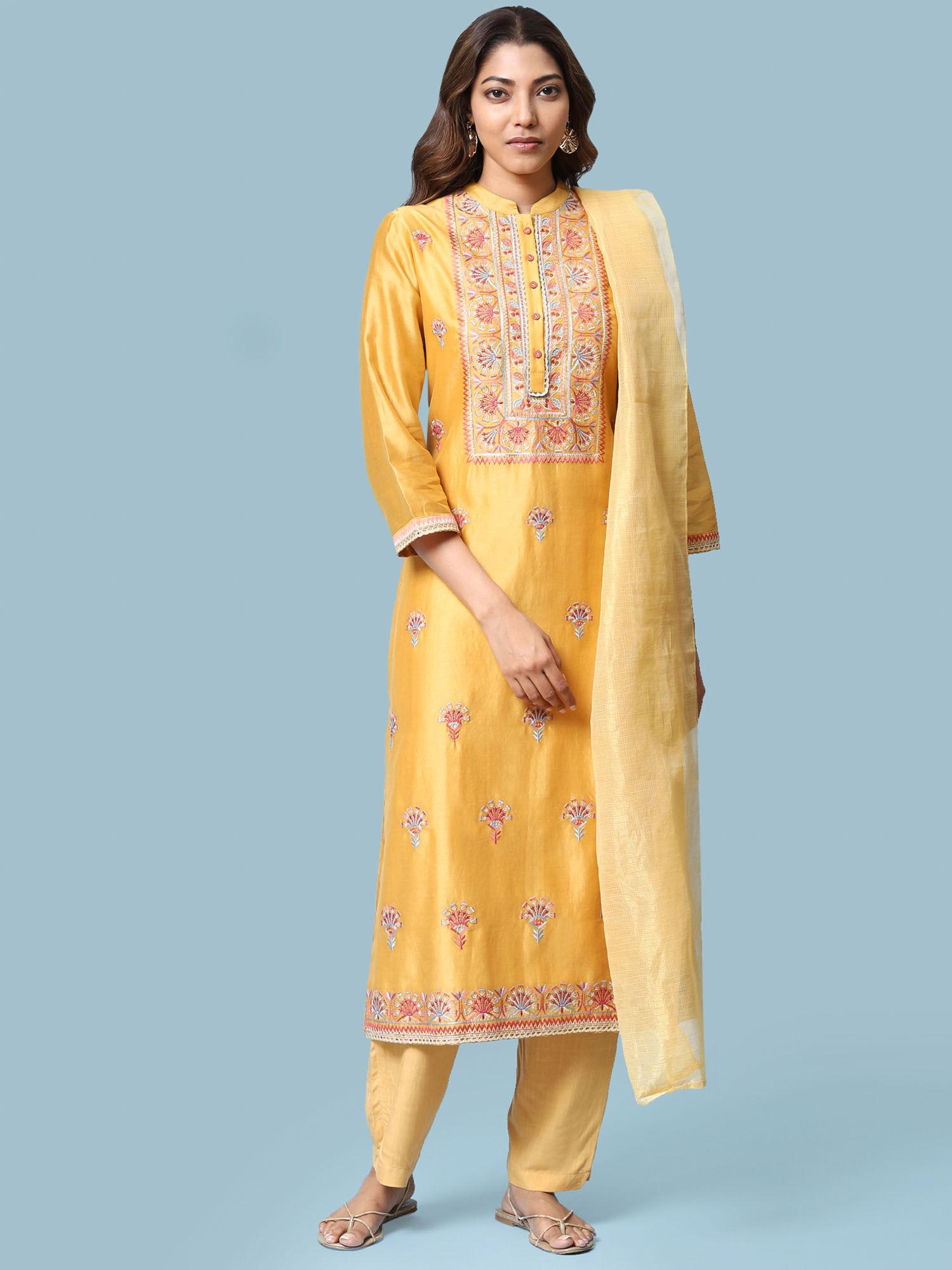 yellow embroidered kurta with pant and dupatta (set of 3)