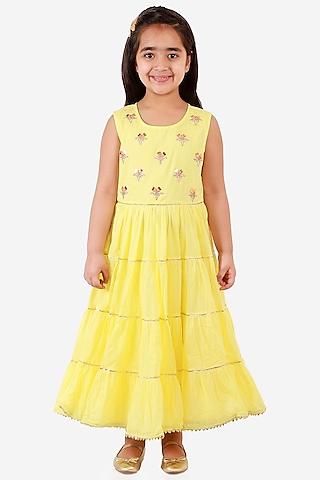 yellow embroidered tiered gown for girls