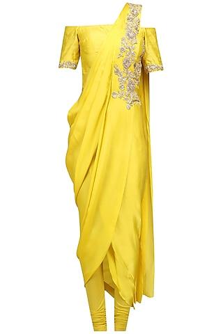 yellow floral embroidered off shoulder drape saree