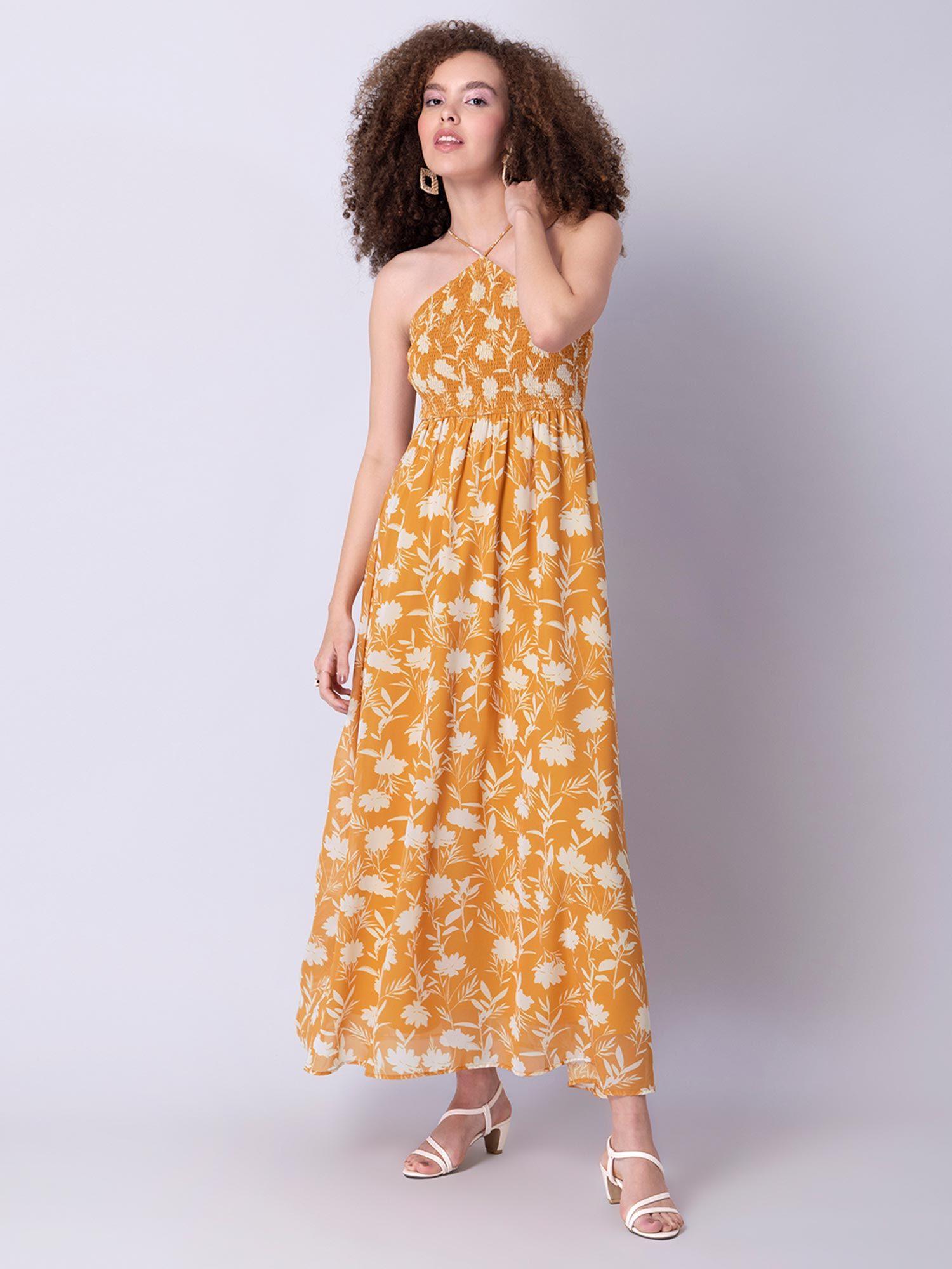yellow floral halter neck smocked maxi dress