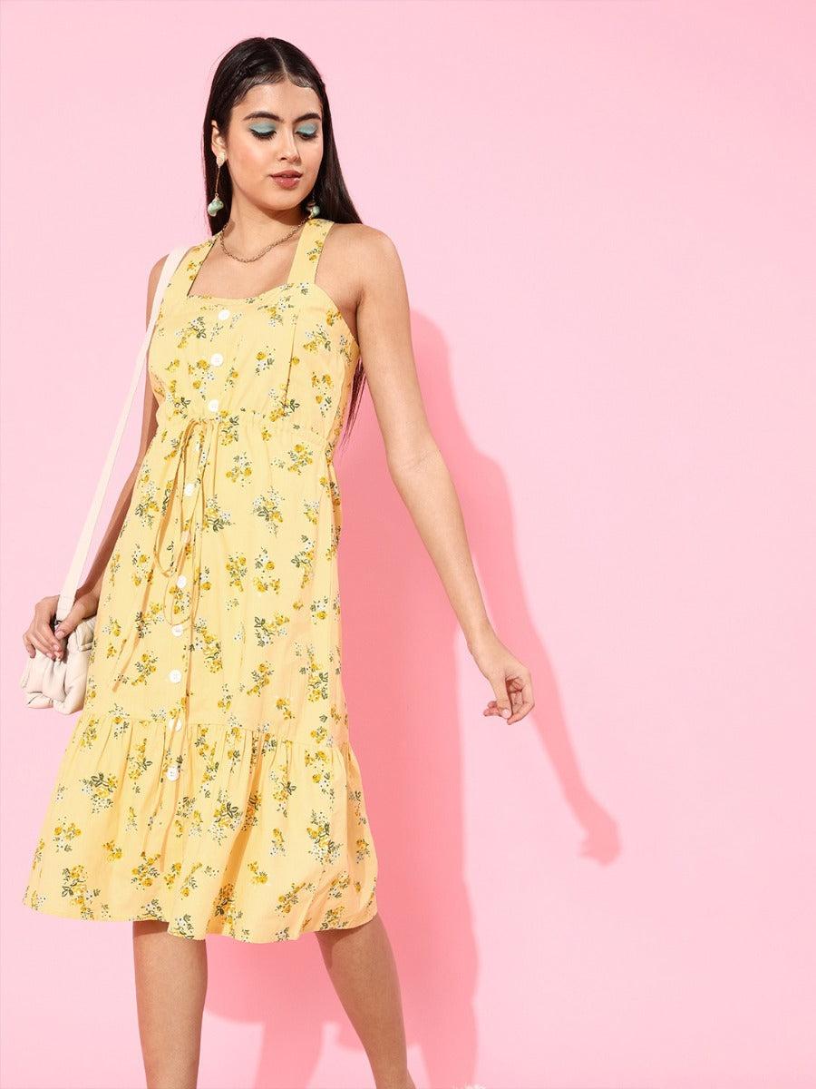 yellow floral print midi dress for women