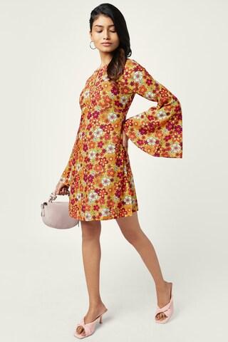yellow floral printed round neck casual thigh-length full sleeves women flared fit dress