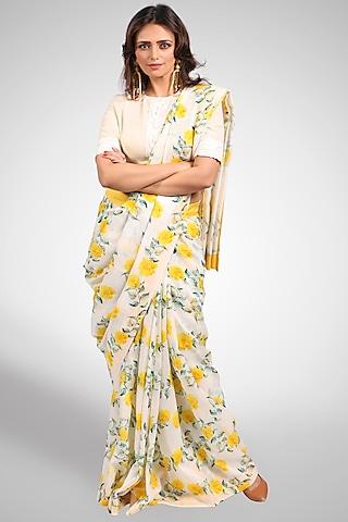 yellow floral printed saree