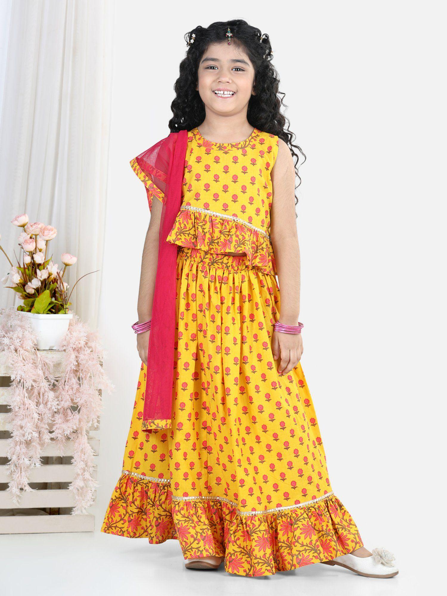 yellow floral skirt with printed sleeveless top and dupatta (set of 3)