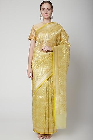 yellow geometric cutwork saree set