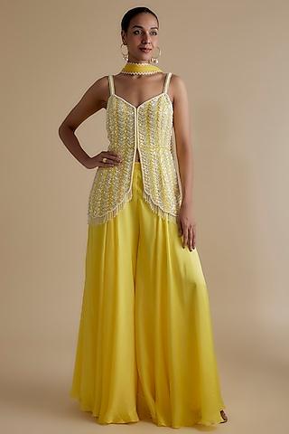 yellow georgette embroidered tunic set