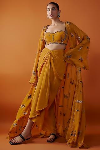 yellow georgette hand embroidered cape set