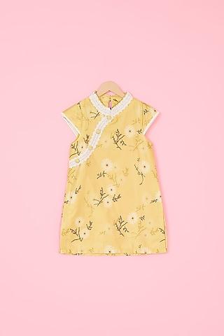 yellow glaze cotton floral printed a-line dress for girls