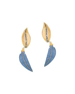 yellow gold diamond-studded leaf dangler earrings